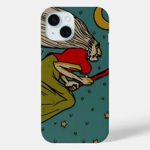 Vintage Halloween, Evil Witch Flying on Broomstick iPhone 15 Case