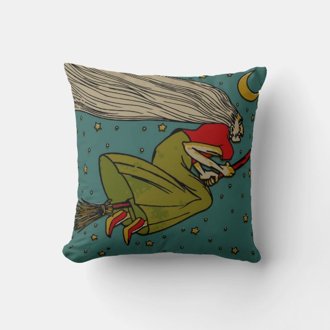 Vintage Halloween, Evil Witch Flying on Broomstick Cushion (Front)