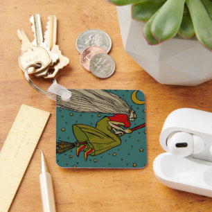 Vintage Halloween, Evil Witch Flying on Broomstick Key Ring