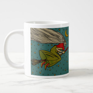Vintage Halloween, Evil Witch Flying on Broomstick Large Coffee Mug