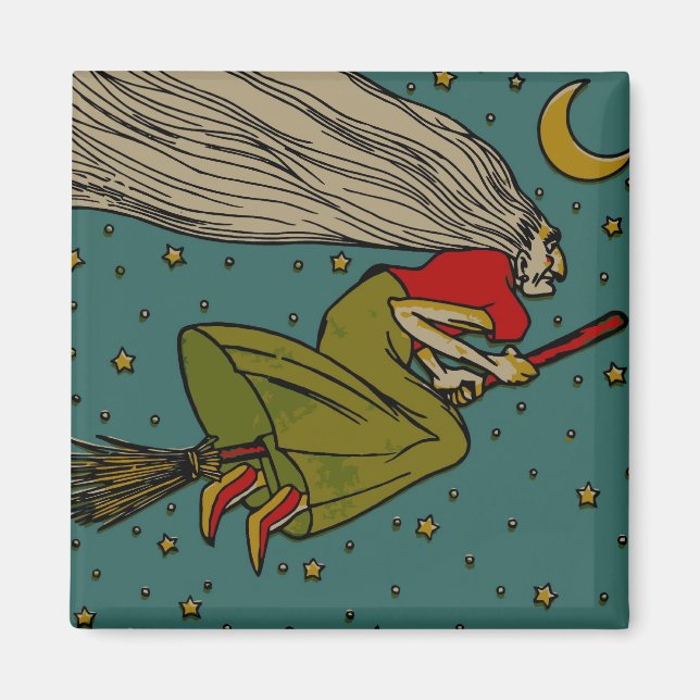 Vintage Halloween, Evil Witch Flying on Broomstick Magnet (Front)