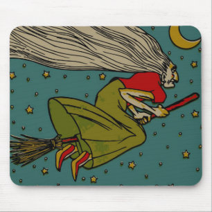 Vintage Halloween, Evil Witch Flying on Broomstick Mouse Mat