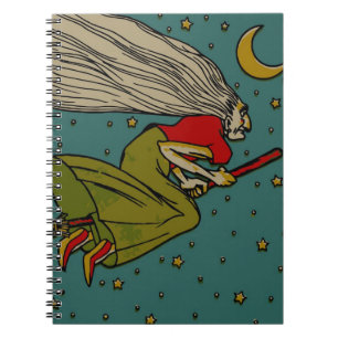 Vintage Halloween, Evil Witch Flying on Broomstick Notebook