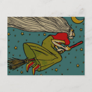 Vintage Halloween, Evil Witch Flying on Broomstick Postcard