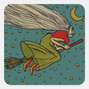 Vintage Halloween, Evil Witch Flying on Broomstick Square Sticker