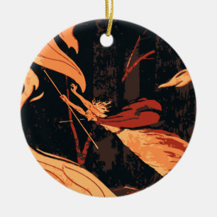 Vintage Halloween, Evil Witch with Fire in Forest Ceramic Tree Decoration