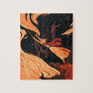 Vintage Halloween, Evil Witch with Fire in Forest Jigsaw Puzzle