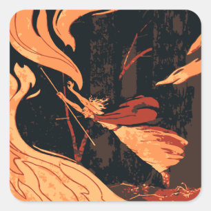 Vintage Halloween, Evil Witch with Fire in Forest Square Sticker