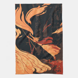 Vintage Halloween, Evil Witch with Fire in Forest Tea Towel