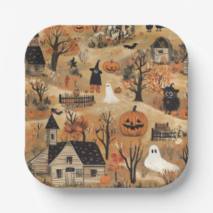 Vintage Halloween farm pattern Paper Plate