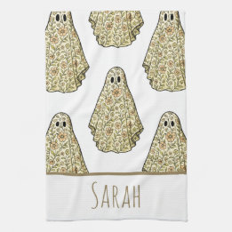Vintage Halloween Floral Ghost Hand Tea Towel