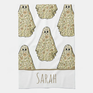 Vintage Halloween Floral Ghost Hand Tea Towel