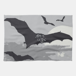 Vintage Halloween Flying Black Bats Tea Towel