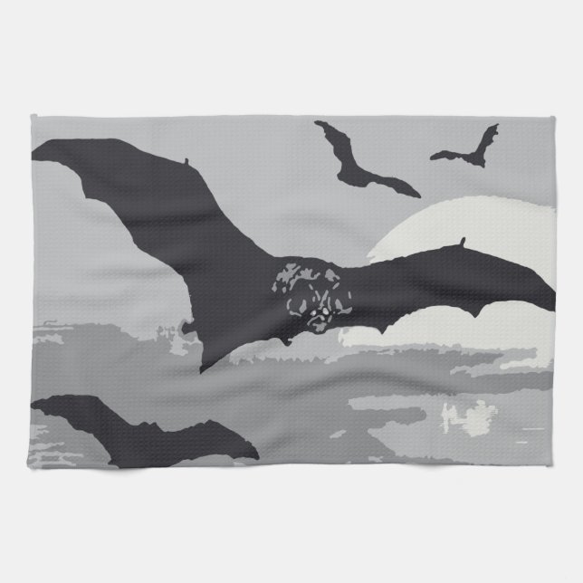 Vintage Halloween Flying Black Bats Tea Towel (Horizontal)
