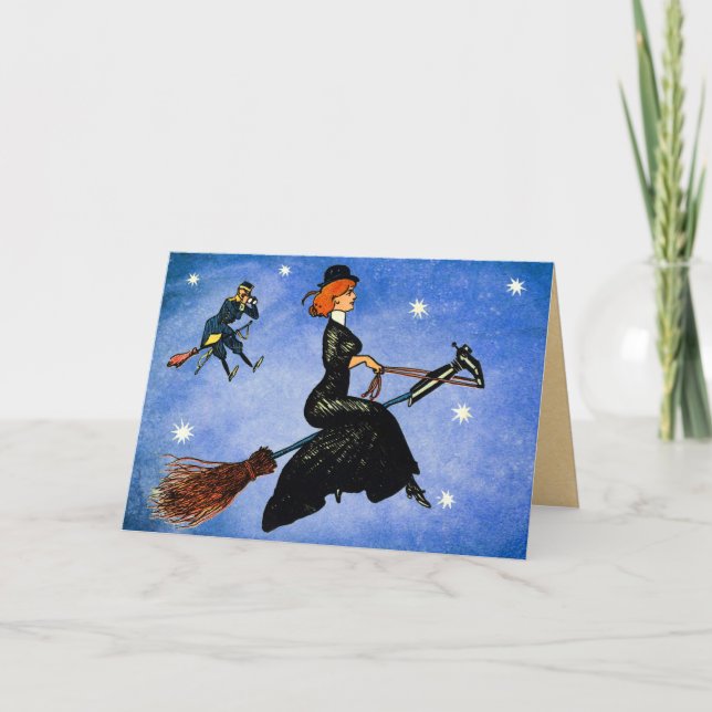 Vintage Halloween Flying Witch Card (Front)