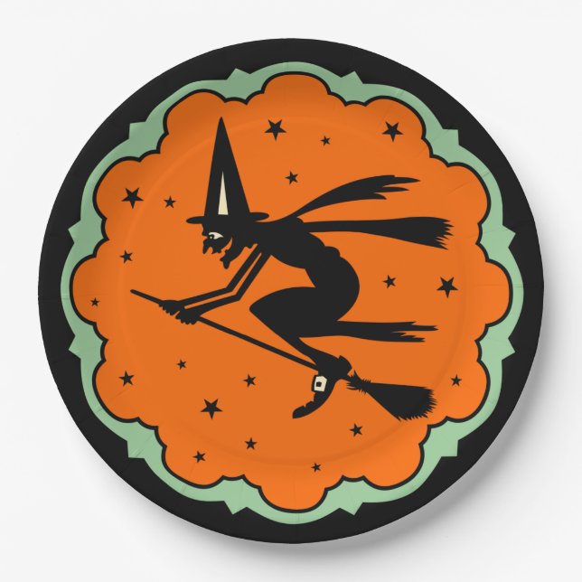 Vintage Halloween Flying Witch plate (Front)