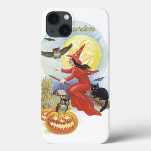 Vintage Halloween, Flying Witch with a Black Cat iPhone 13 Case