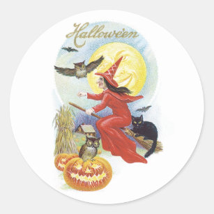Vintage Halloween, Flying Witch with a Black Cat Classic Round Sticker