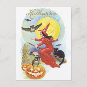 Vintage Halloween, Flying Witch with a Black Cat  Postcard