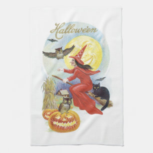 Vintage Halloween, Flying Witch with a Black Cat Tea Towel