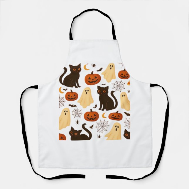 Vintage Halloween Ghost & Black Cat Pattern Classi Apron (Front)