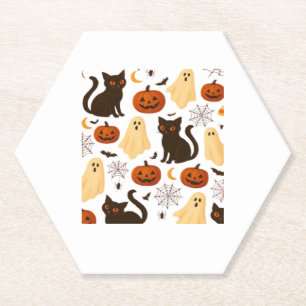 Vintage Halloween Ghost & Black Cat Pattern Classi Paper Coaster
