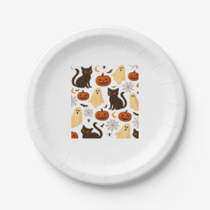Vintage Halloween Ghost & Black Cat Pattern Classi Paper Plate