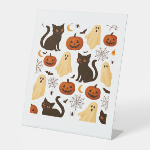 Vintage Halloween Ghost & Black Cat Pattern Classi Pedestal Sign
