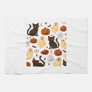 Vintage Halloween Ghost & Black Cat Pattern Classi Tea Towel
