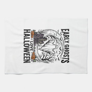 Vintage Halloween Ghost Haunted Moon Engraving Art Tea Towel