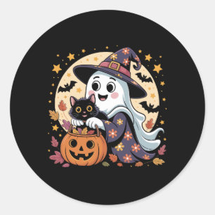 Vintage Halloween Ghost Holding Black Cat Groovy Classic Round Sticker