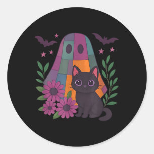 Vintage Halloween Ghost Holding Black Cat Groovy Classic Round Sticker
