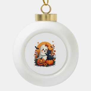 Vintage Halloween Ghost Holding Black Cat Groovy F Ceramic Ball Christmas Ornament