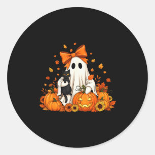 Vintage Halloween Ghost Holding Black Cat Groovy F Classic Round Sticker