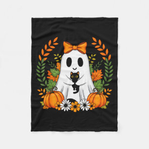 Vintage Halloween Ghost Holding Black Cat Groovy F Fleece Blanket
