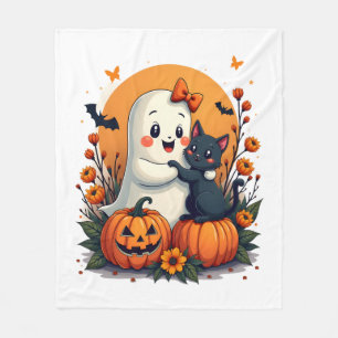 Vintage Halloween Ghost Holding Black Cat Groovy F Fleece Blanket