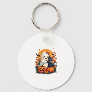 Vintage Halloween Ghost Holding Black Cat Groovy F Key Ring
