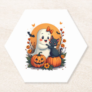 Vintage Halloween Ghost Holding Black Cat Groovy F Paper Coaster