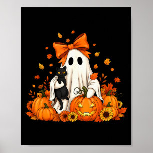 Vintage Halloween Ghost Holding Black Cat Groovy F Poster