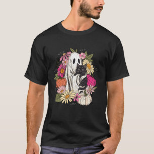 Vintage Halloween Ghost Holding Black Cat Groovy F T-Shirt