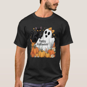 Vintage Halloween Ghost Holding Black Cat Groovy F T-Shirt