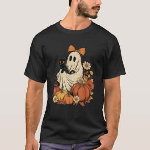 Vintage Halloween Ghost Holding Black Cat Groovy F T-Shirt