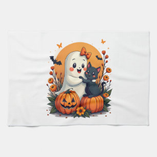 Vintage Halloween Ghost Holding Black Cat Groovy F Tea Towel
