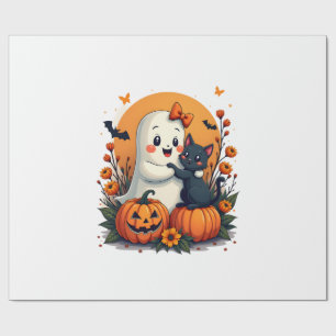 Vintage Halloween Ghost Holding Black Cat Groovy F Wrapping Paper