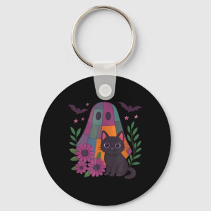 Vintage Halloween Ghost Holding Black Cat Groovy Key Ring