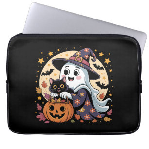 Vintage Halloween Ghost Holding Black Cat Groovy Laptop Sleeve