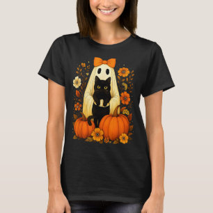 Vintage Halloween Ghost Holding Black Cat Groovy T-Shirt
