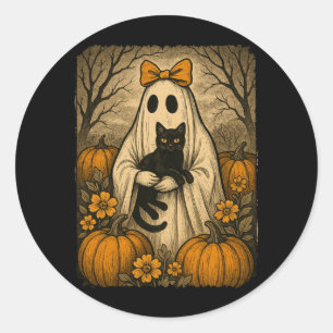 Vintage Halloween Ghost Holding Black Kitten Cat Classic Round Sticker