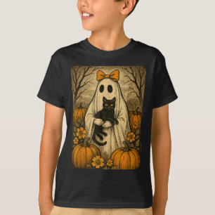 Vintage Halloween Ghost Holding Black Kitten Cat T-Shirt