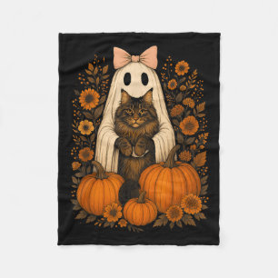 Vintage Halloween Ghost Holding Maine Coon Cat  Fleece Blanket